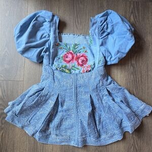 Blue Embroidered Puff Sleeve Dress with Floral Bodice